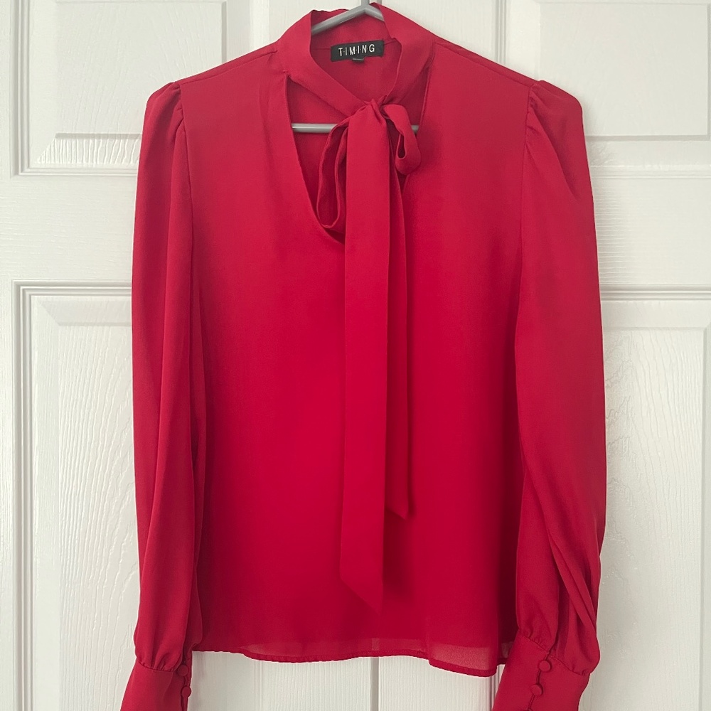 Bow Tie Neck Blouses Casual Top Long Sleeve
